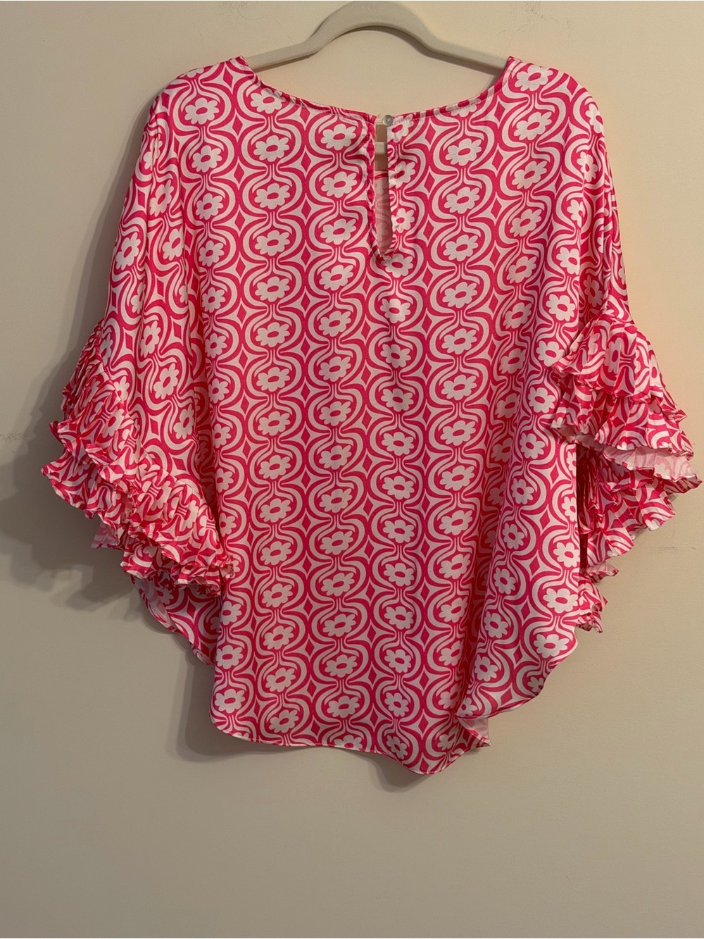 Pink Patterned Ruffle-Sleeve Women's Top - Picture 3 of 4